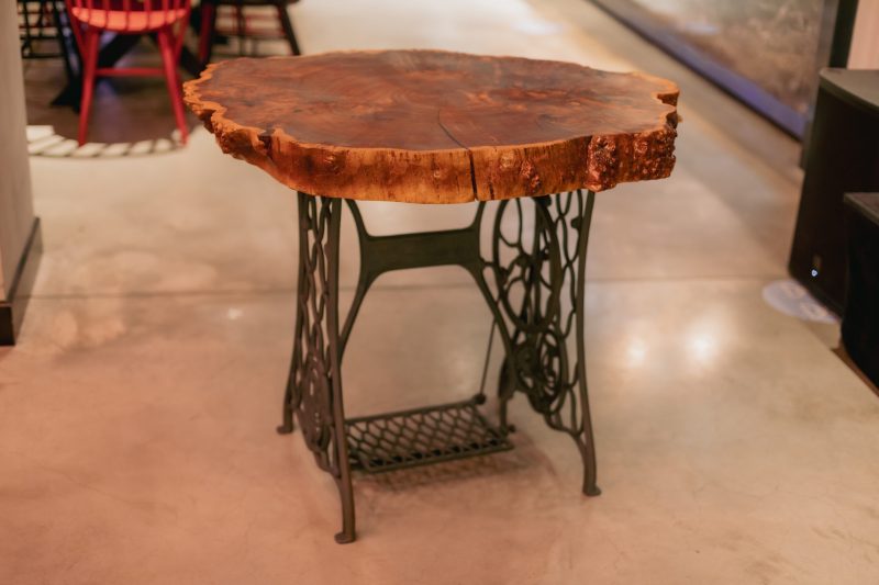 Handmade epoxy resin round wood table. Reclaimed wood furniture and live edge table made from fallen trees