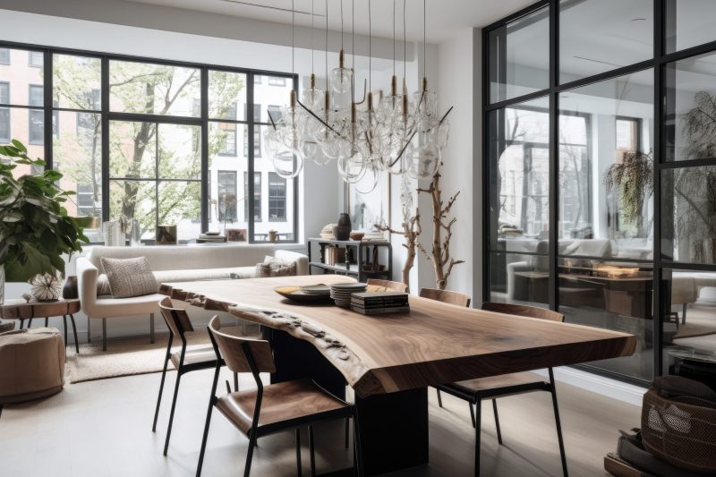 An airy and open dining room with a live - edge wood dining table, black metal dining chairs, and a modern glass chandelier