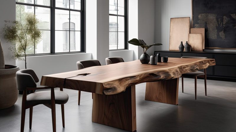 Minimalist dining room with a live edge table and simple chairs, generative ai